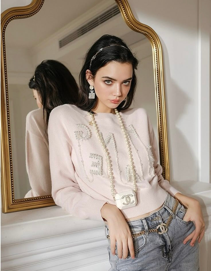Baby pink pearls crystals sweater