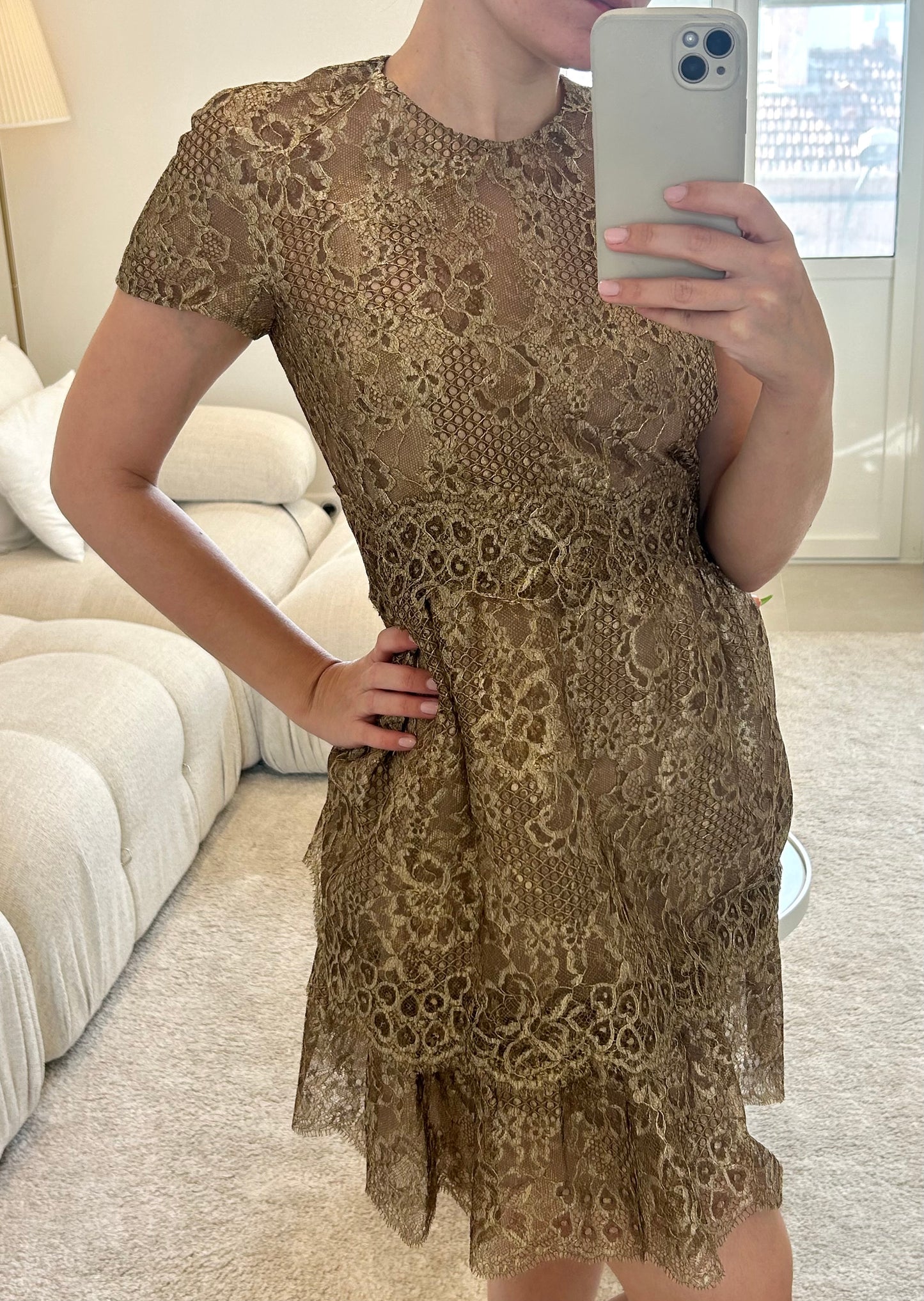 Gold metallic lace dress