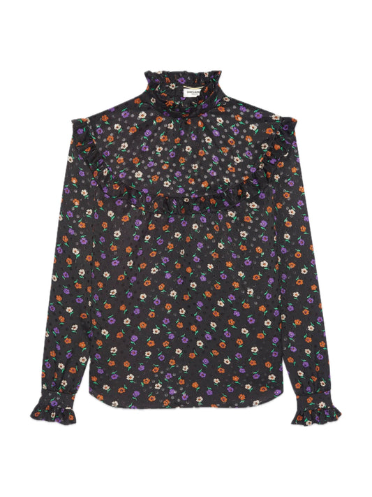 Black floral silk blouse