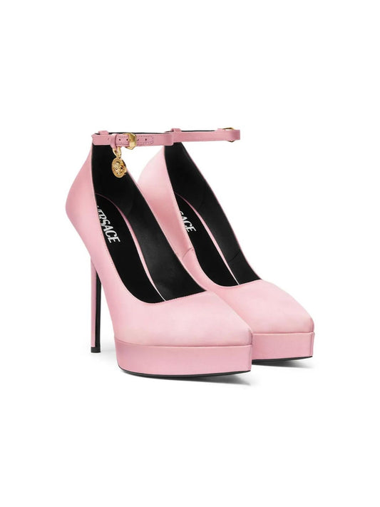 Pink Satin platforms pumps