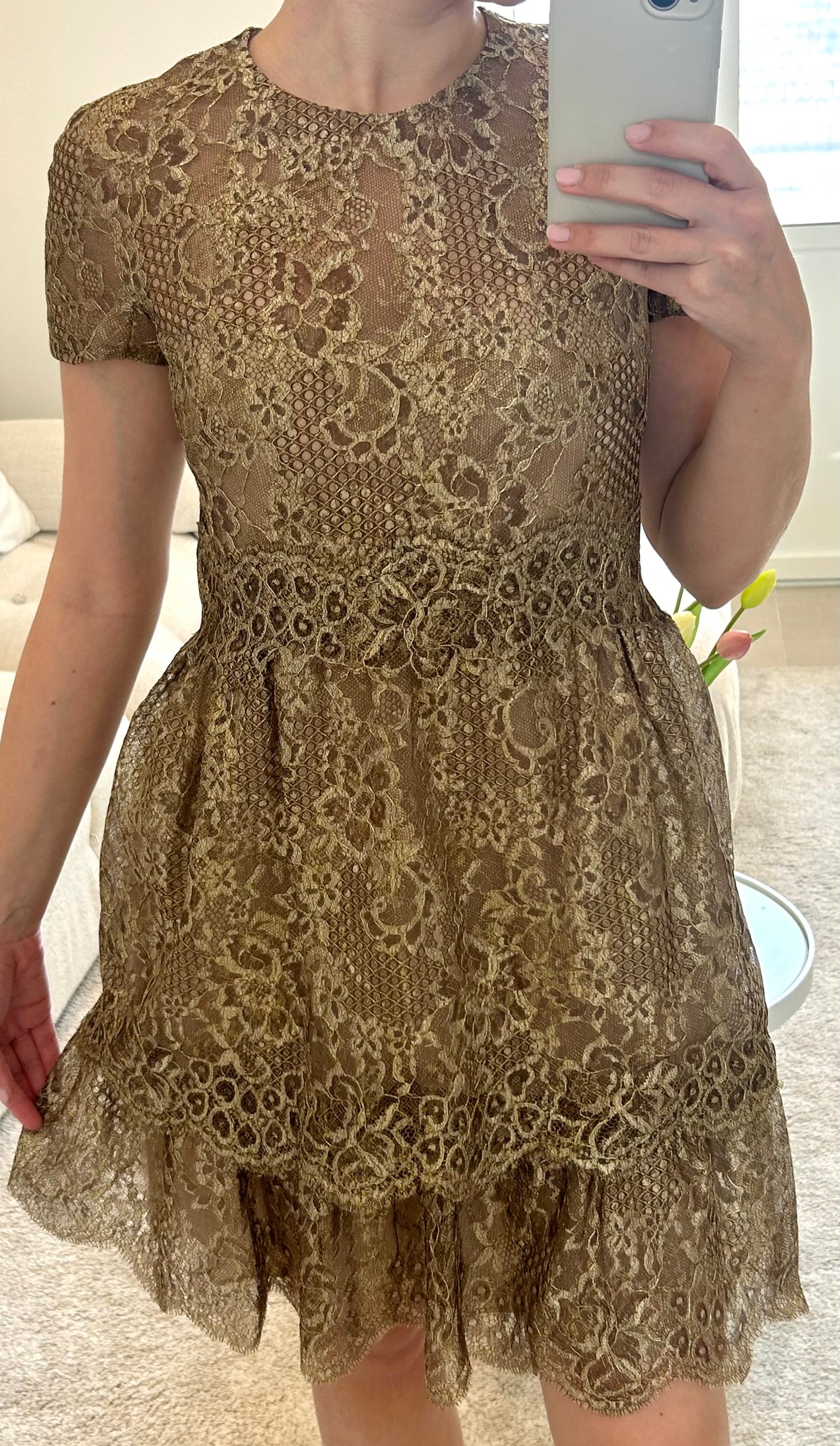 Gold metallic lace dress
