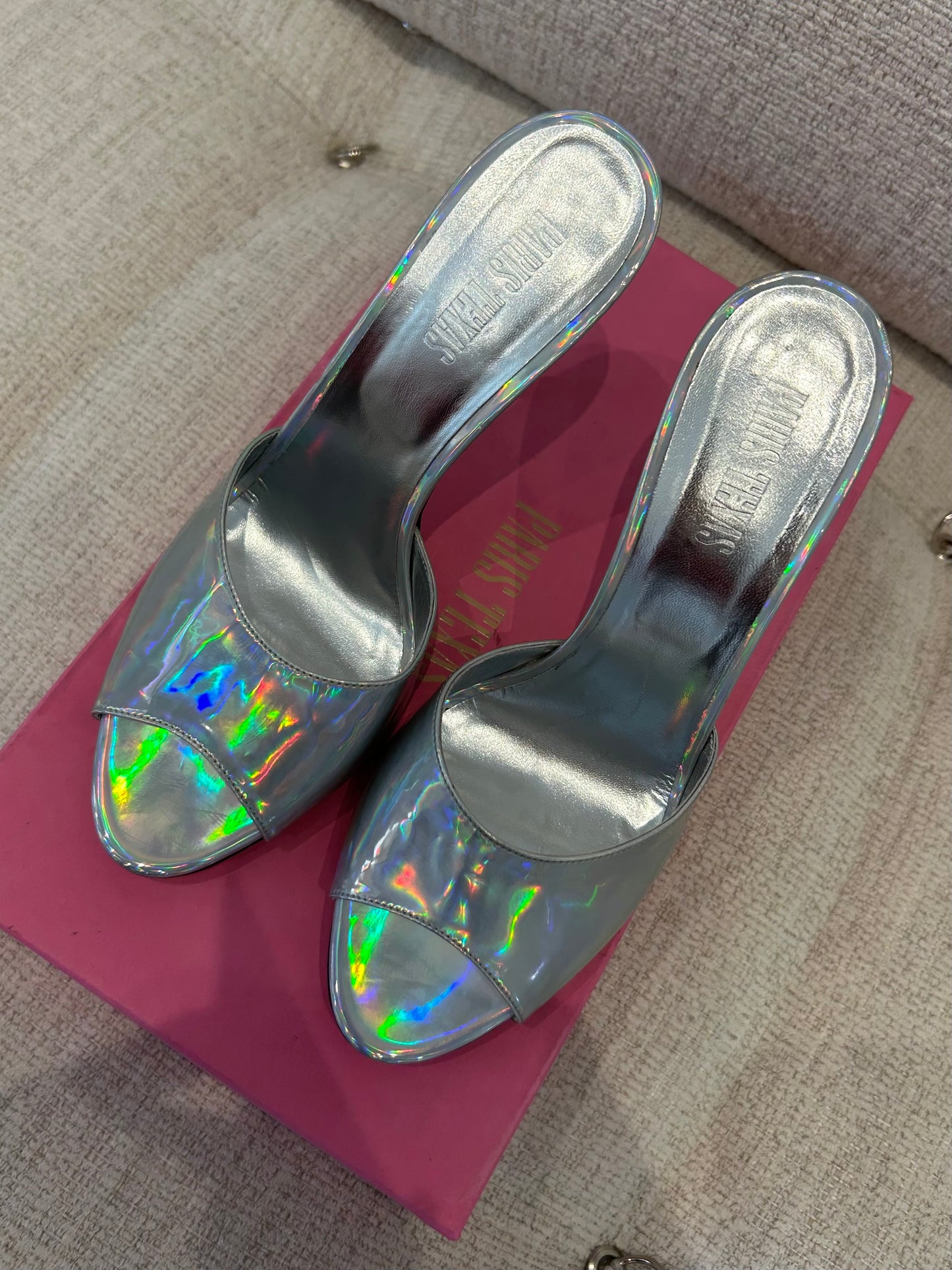 Silver holographic mules