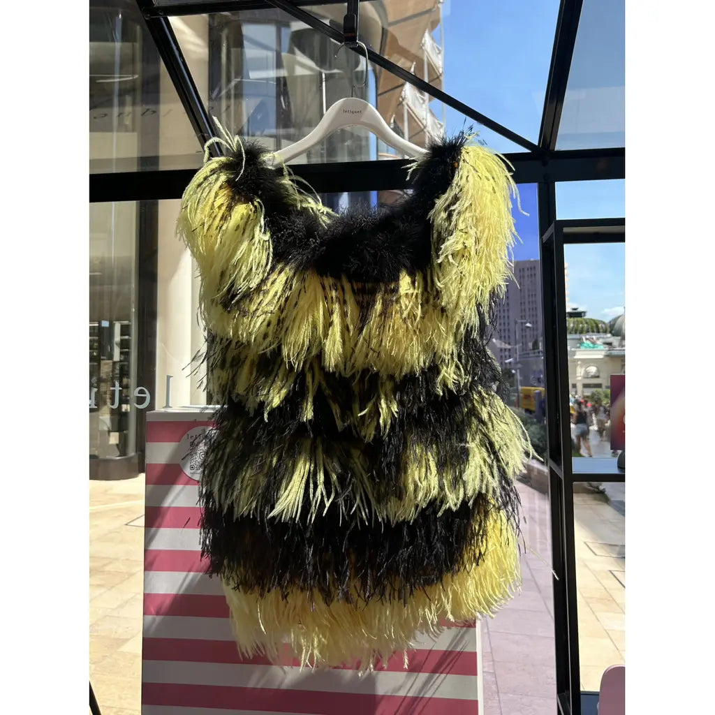 Black and yellow feather dress