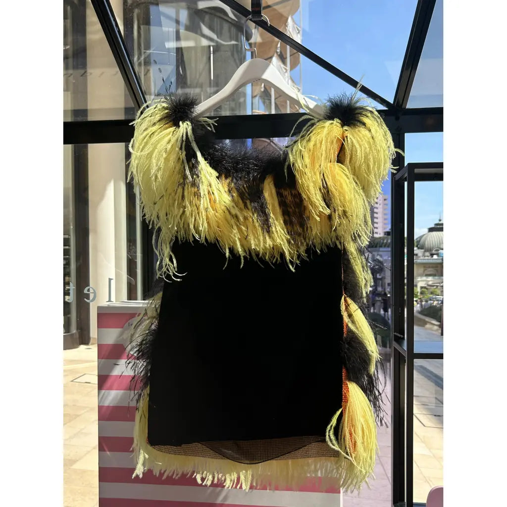 Black and yellow feather dress